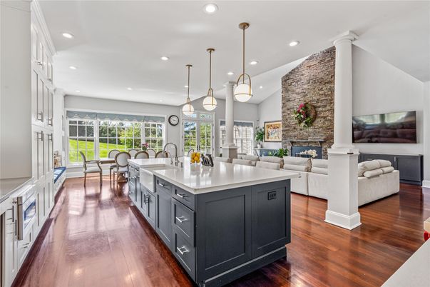 Dining room, Fireplace, Interior, Kitchen, Living room, Pendant Lights, Recessed Lighting, Wood Texture Flooring