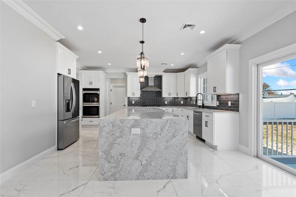 Interior, Kitchen, Marble, Pendant Lights, Recessed Lighting, Stainless Steel Appliances