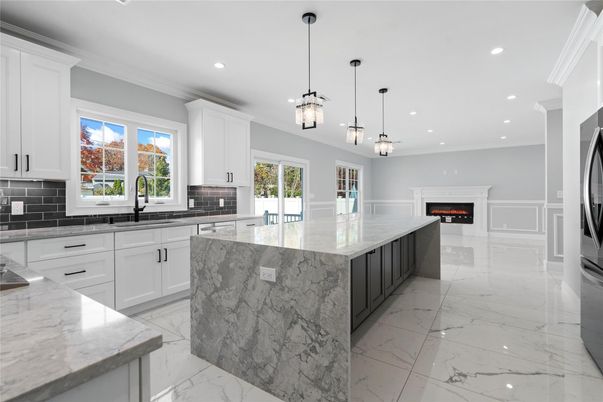 Fireplace, Interior, Kitchen, Marble, Pendant Lights, Recessed Lighting