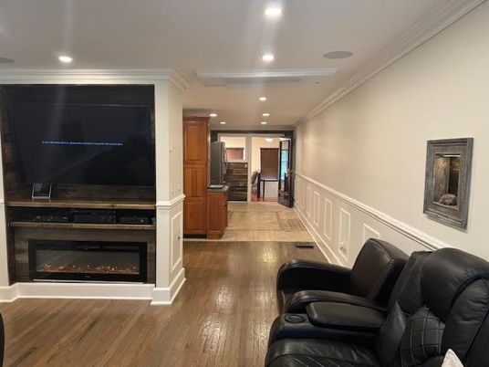 Home Theatre Room, Fireplace, Interior, Living room, Recessed Lighting, Wood Texture Flooring