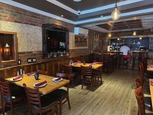 Dining room, Interior, Pendant Lights, Stone Walls, Wood Texture Flooring