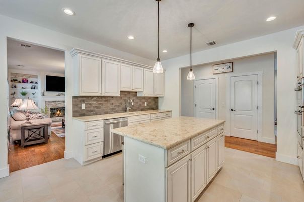Fireplace, Interior, Kitchen, Living room, Pendant Lights, Recessed Lighting, Wood Texture Flooring