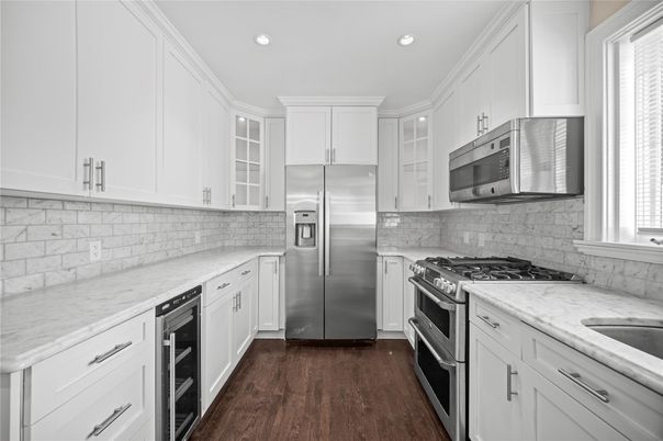 Interior, Kitchen, Recessed Lighting, Stainless Steel Appliances, Wood Texture Flooring