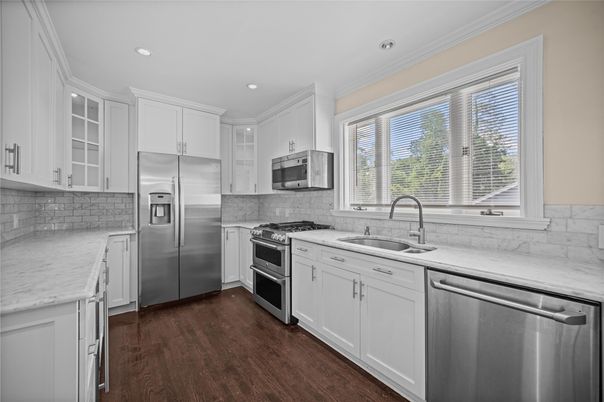 Interior, Kitchen, Recessed Lighting, Stainless Steel Appliances, Wood Texture Flooring