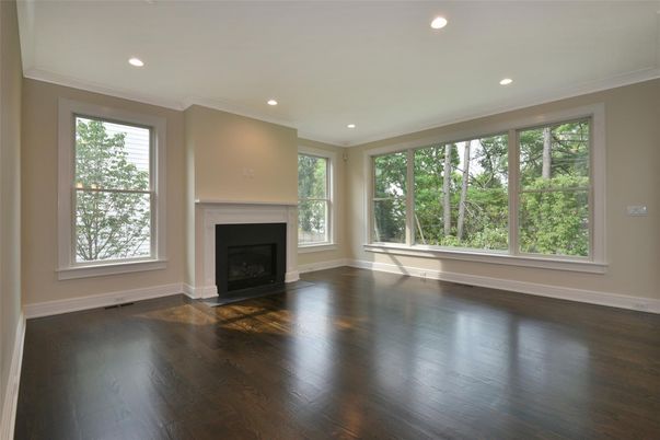 Empty room, Fireplace, Interior, Recessed Lighting, Wood Texture Flooring