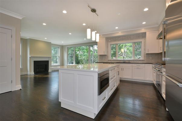 Fireplace, Interior, Kitchen, Pendant Lights, Recessed Lighting, Stainless Steel Appliances, Wood Texture Flooring