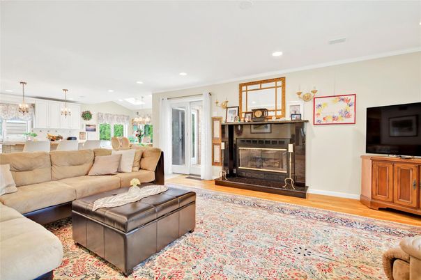 Chandelier, Dining room, Fireplace, Interior, Kitchen, Living room, Pendant Lights, Recessed Lighting, Wood Texture Flooring