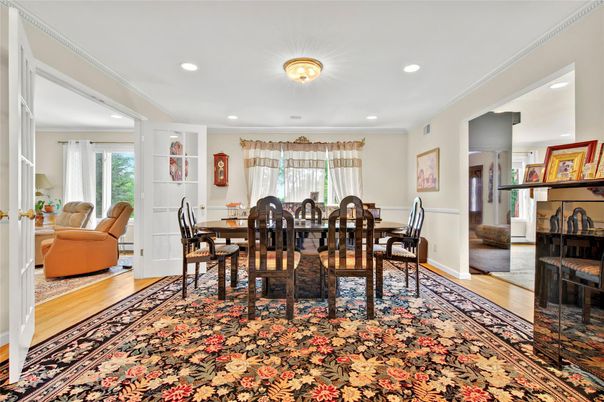 Dining room, Interior, Recessed Lighting, Wood Texture Flooring