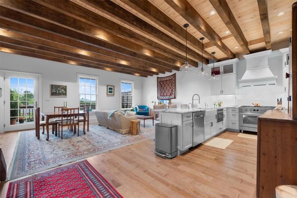 Dining room, Interior, Kitchen, Living room, Pendant Lights, Recessed Lighting, Stainless Steel Appliances, Wooden Beams, Wooden Ceilings, Wood Texture Flooring