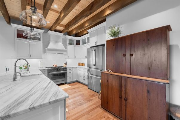 Interior, Kitchen, Pendant Lights, Stainless Steel Appliances, Wooden Beams, Wooden Ceilings, Wood Texture Flooring