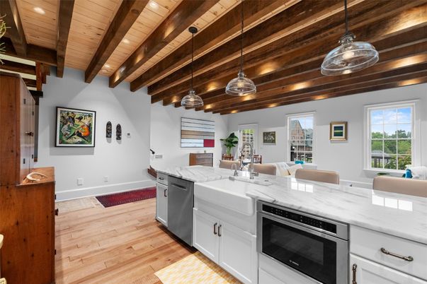 Interior, Kitchen, Pendant Lights, Stainless Steel Appliances, Wooden Beams, Wooden Ceilings, Wood Texture Flooring