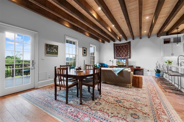Dining room, Interior, Recessed Lighting, Wooden Beams, Wooden Ceilings, Wood Texture Flooring