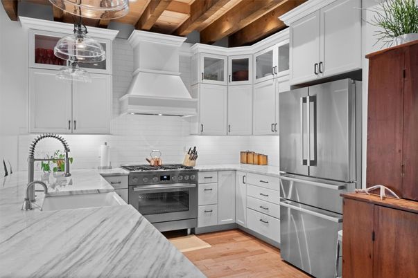 Interior, Kitchen, Pendant Lights, Stainless Steel Appliances, Wooden Beams, Wooden Ceilings, Wood Texture Flooring