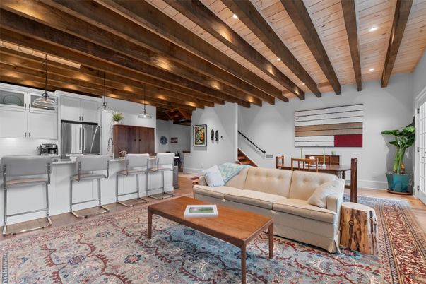 Dining room, Interior, Kitchen, Living room, Pendant Lights, Recessed Lighting, Stainless Steel Appliances, Wooden Beams, Wooden Ceilings, Wood Texture Flooring