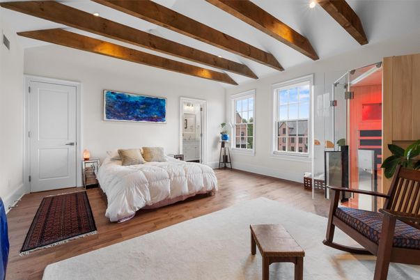 Bedroom, Interior, Recessed Lighting, Wooden Beams, Wood Texture Flooring