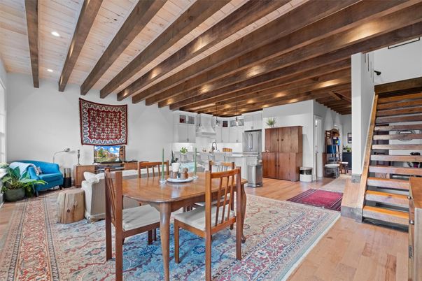 Dining room, Interior, Kitchen, Recessed Lighting, Stainless Steel Appliances, Wooden Beams, Wooden Ceilings, Wood Texture Flooring