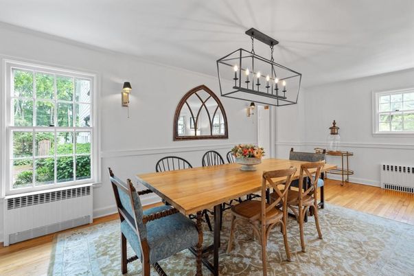 Dining room, Interior, Pendant Lights, Wood Texture Flooring