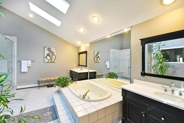 Bathroom, Dual Sink Vanities, Glass Shower, Interior, Recessed Lighting, Tile Countertops