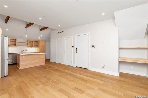 Empty room, Interior, Kitchen, Pendant Lights, Recessed Lighting, Wooden Beams, Wood Texture Flooring