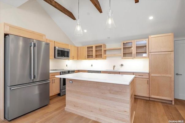 Interior, Kitchen, Pendant Lights, Recessed Lighting, Stainless Steel Appliances, Wooden Beams, Wood Texture Flooring