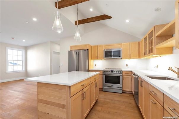Interior, Kitchen, Pendant Lights, Recessed Lighting, Stainless Steel Appliances, Wooden Beams, Wood Texture Flooring