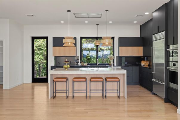 Interior, Kitchen, Pendant Lights, Recessed Lighting, Stainless Steel Appliances, Wood Texture Flooring