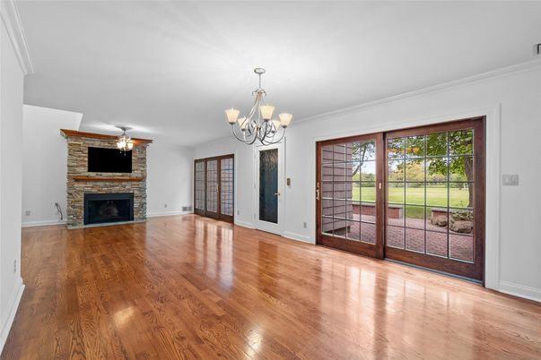 Chandelier, Empty room, Fireplace, Interior, Wood Texture Flooring