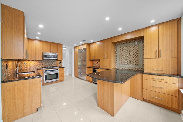 Interior, Kitchen, Recessed Lighting, Stainless Steel Appliances, Wooden Walls