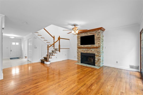 Empty room, Fireplace, Interior, Stone Walls, Wood Texture Flooring