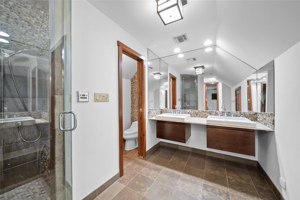 Bathroom, Dual Sink Vanities, Glass Shower, Interior, Recessed Lighting