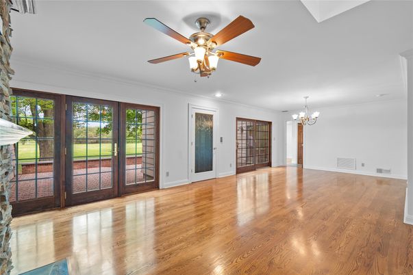 Chandelier, Empty room, Interior, Recessed Lighting, Wood Texture Flooring