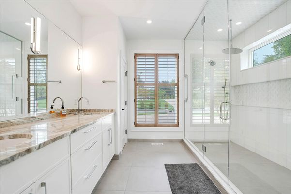 Bathroom, Dual Sink Vanities, Glass Shower, Interior, Recessed Lighting