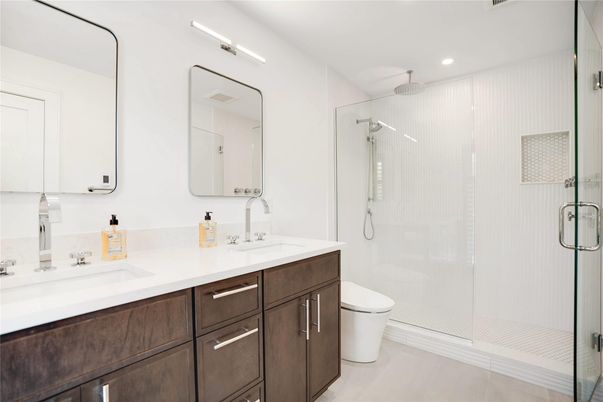 Bathroom, Dual Sink Vanities, Glass Shower, Interior, Recessed Lighting