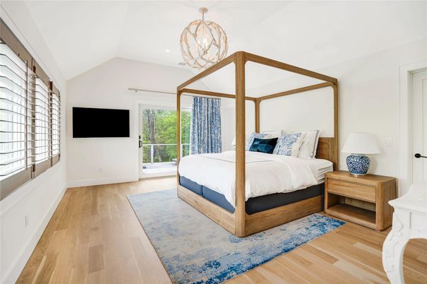 Bedroom, Chandelier, Interior, Recessed Lighting, Wood Texture Flooring