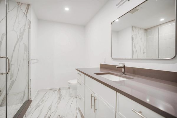 Bathroom, Glass Shower, Interior, Marble, Marble Walls, Recessed Lighting