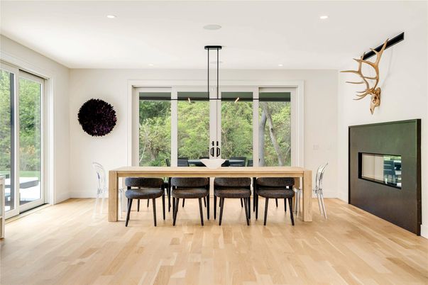 Dining room, Interior, Pendant Lights, Recessed Lighting, Wood Texture Flooring