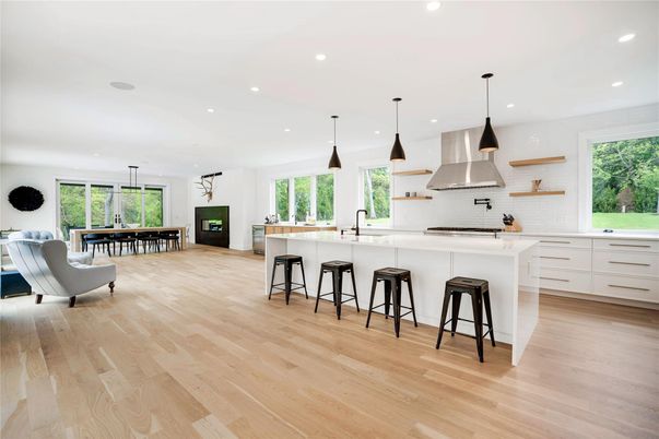 Dining room, Interior, Kitchen, Pendant Lights, Recessed Lighting, Stainless Steel Appliances, Wood Texture Flooring