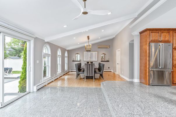 Dining room, Interior, Kitchen, Pendant Lights, Recessed Lighting, Stainless Steel Appliances, Wood Texture Flooring