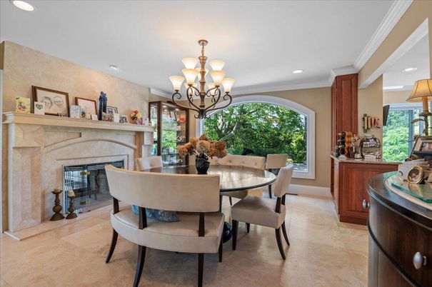 Chandelier, Dining room, Fireplace, Interior, Recessed Lighting