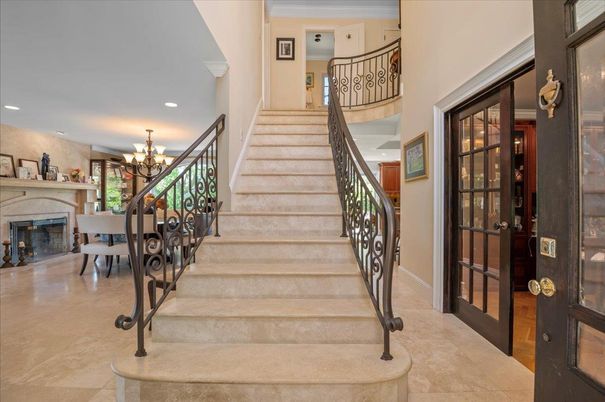 Chandelier, Dining room, Fireplace, Interior, Recessed Lighting