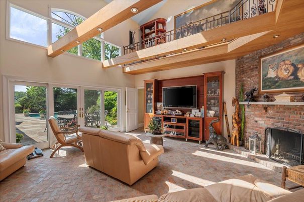 Fireplace, Interior, Living room, Recessed Lighting, Stone Walls, Sun Room, Wooden Beams