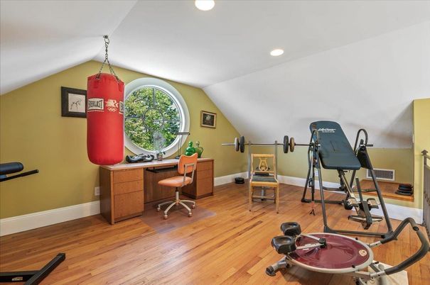Fitness Equipment, Home Office, Interior, Recessed Lighting, Wood Texture Flooring