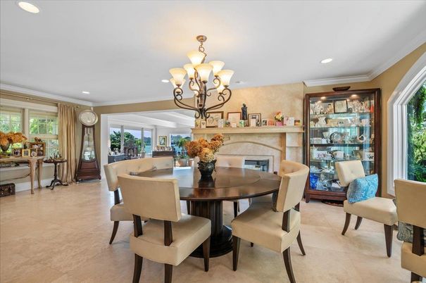 Chandelier, Dining room, Fireplace, Interior, Recessed Lighting
