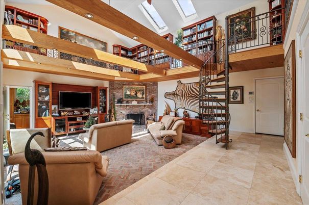 Fireplace, Interior, Living room, Recessed Lighting, Stone Walls, Wooden Beams