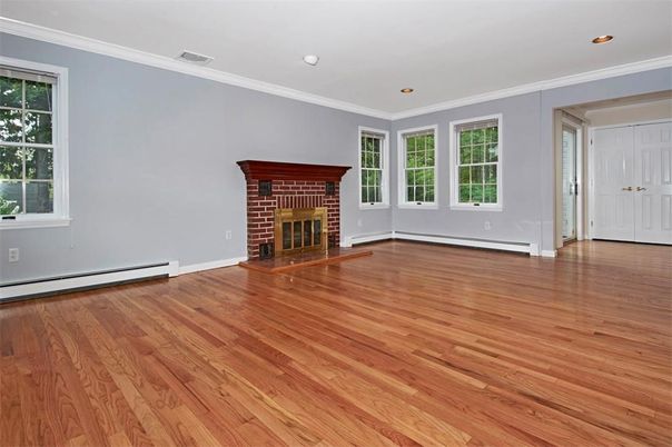 Empty room, Fireplace, Interior, Recessed Lighting, Wood Texture Flooring