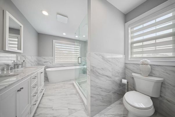 Bathroom, Free Standing Baths, Glass Shower, Interior, Marble, Marble Walls, Recessed Lighting