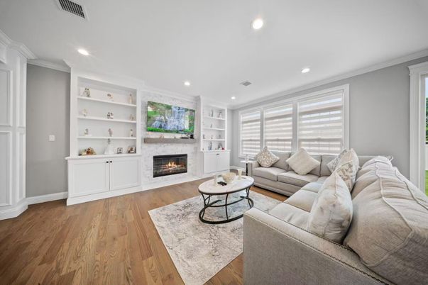 Fireplace, Interior, Living room, Recessed Lighting, Wood Texture Flooring