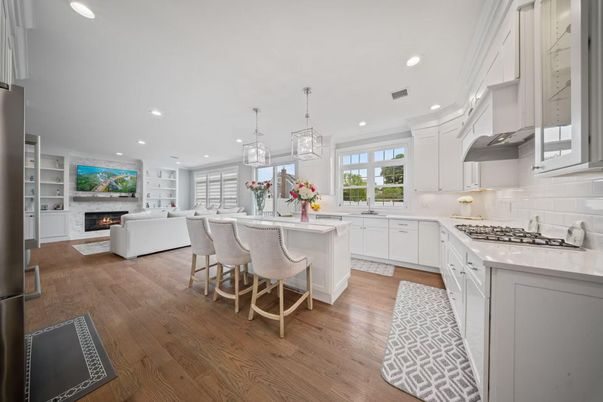 Dining room, Fireplace, Interior, Kitchen, Living room, Pendant Lights, Recessed Lighting, Wood Texture Flooring