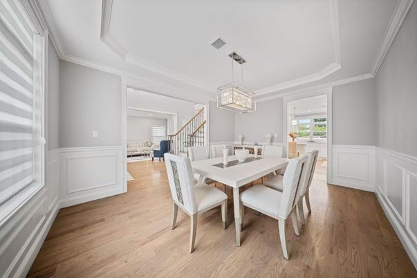 Dining room, Interior, Pendant Lights, Wood Texture Flooring