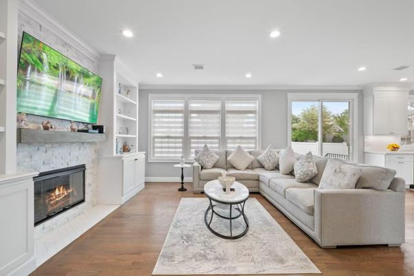 Fireplace, Interior, Living room, Recessed Lighting, Wood Texture Flooring